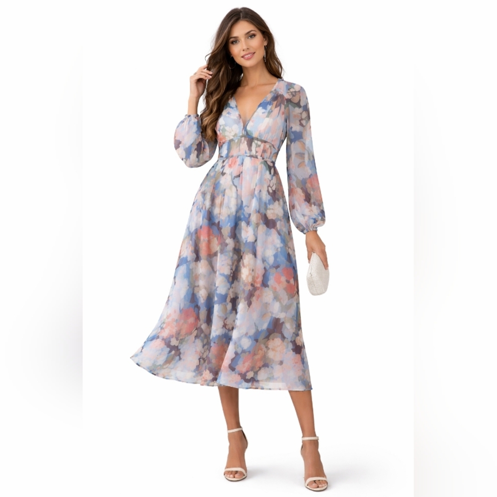 Billy J Floral Midi Dress Blue Pink Long Sleeve Size 6